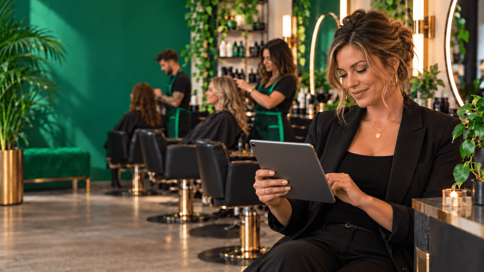 Salon owner reviewing customer feedback on a tablet while her team works behind her