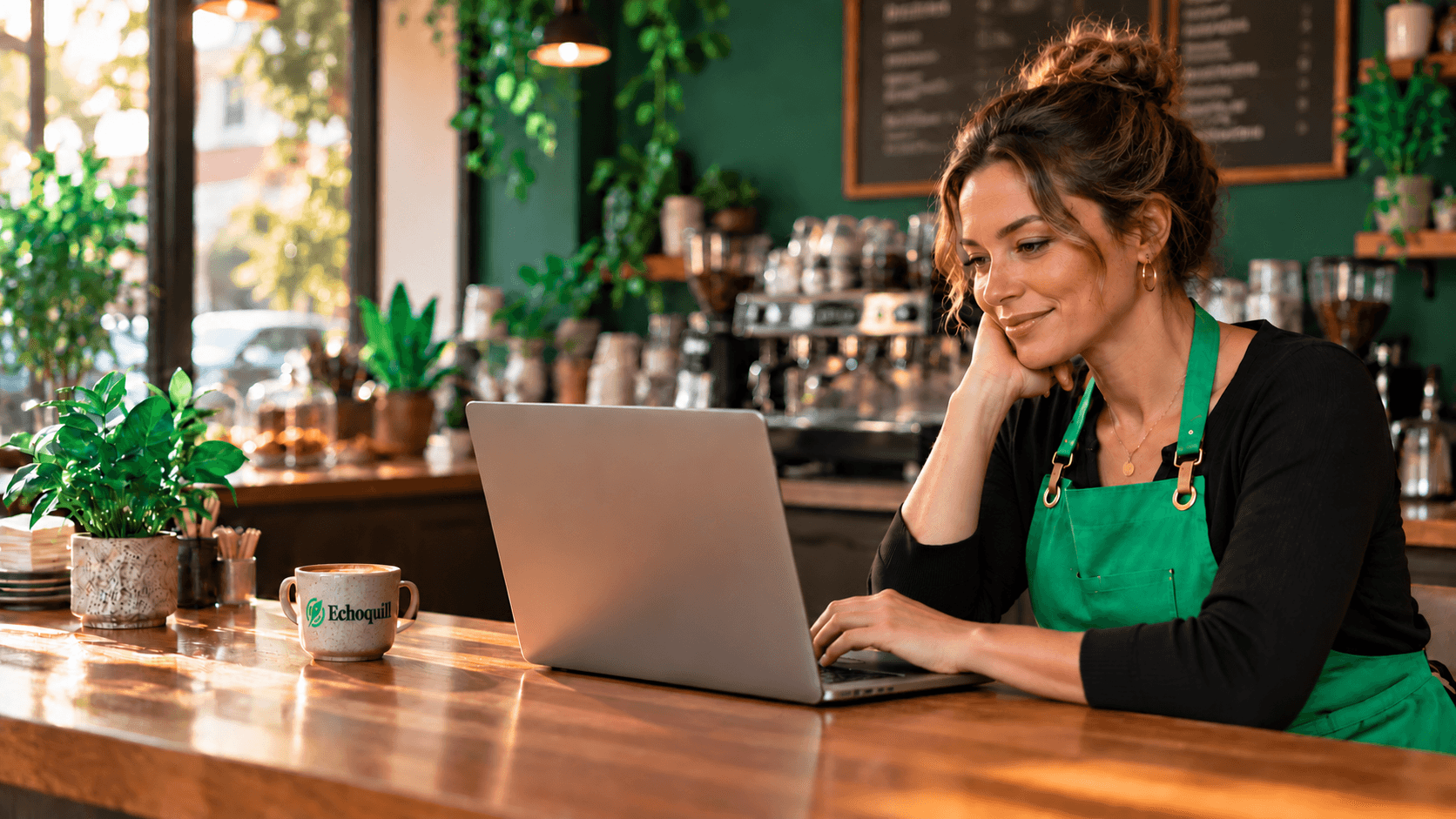 Café owner reviewing customer feedback on a laptop beside an Echoquill coffee cup