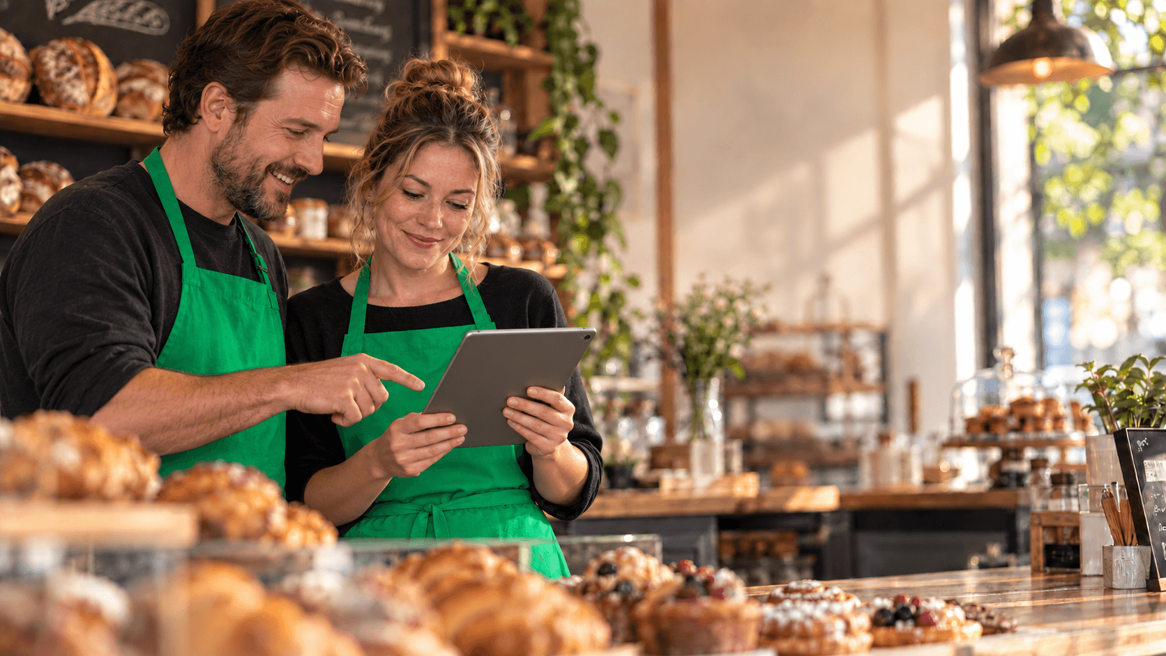 Bakery owners reviewing their customer feedback together on a tablet